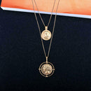 Women Retro Double Layers Alloy Round Pendant Long Necklace Clavicle Chain A