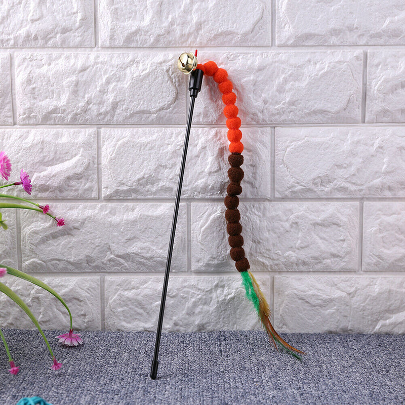 Cat Teasing Stick Colorful Pompom Feather Wand Fun Pet Teaser Rod Toys (05) A