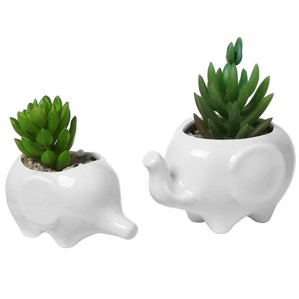 Set of 2 Cute Elephant White Ceramic Flower Pot with Tray for Succulents Ca S8K5