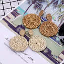 Weave Straw Double Disc Drop Earrings Boho Rattan Dangle Statement Earrings D4J3