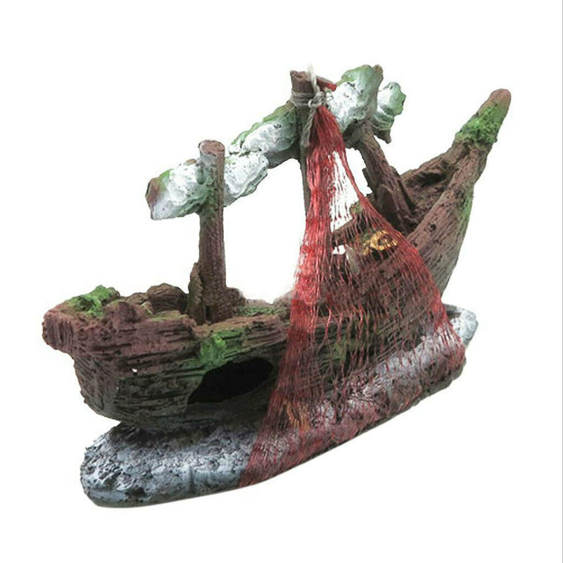 Wreck Boat Fishnet Fish Tank Aquarium Landscaping Underwater Ornament Decor
