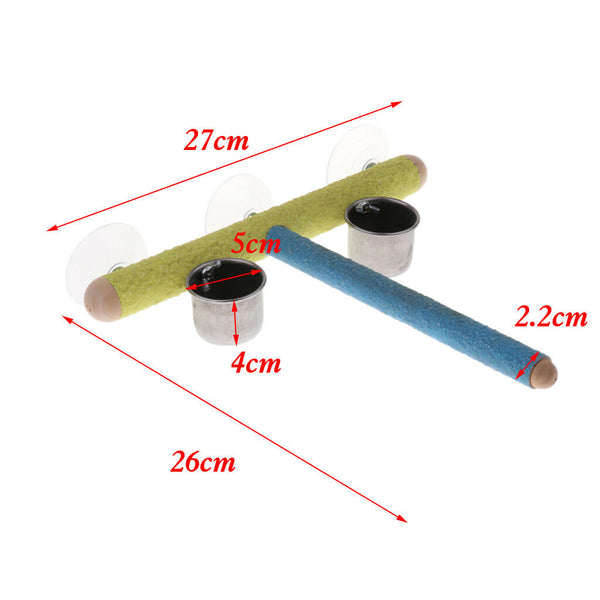 Bird Parrot Stand Perches Platform Rack Wall Suction Cup with 2 Feeding Cup