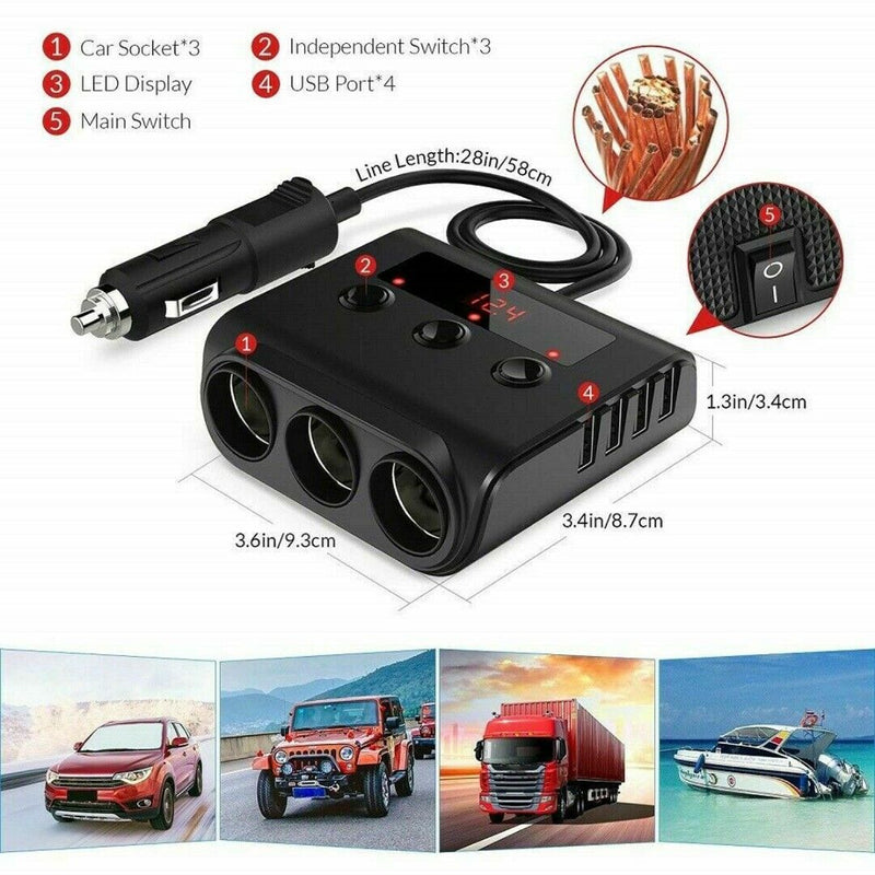 100W 12V 3-Way 4 USB Car Cigarette Lighter Socket Splitter Charger Power Adapter