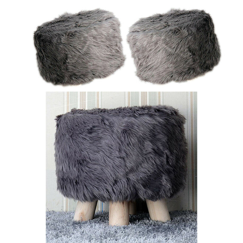 2pcs 16" Comfy Furry Footstool Cover Round Stool Slipcovers Protector Gray