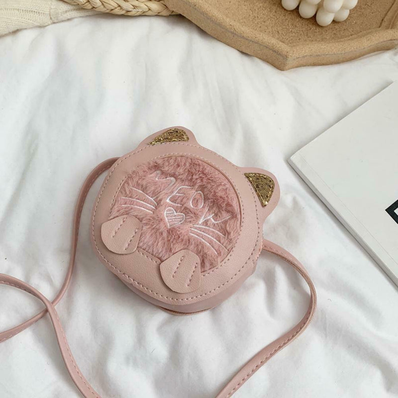 Lovely Cat Round Kids Girl Messenger Shoulder Bags PU Leather Purse (Pink)