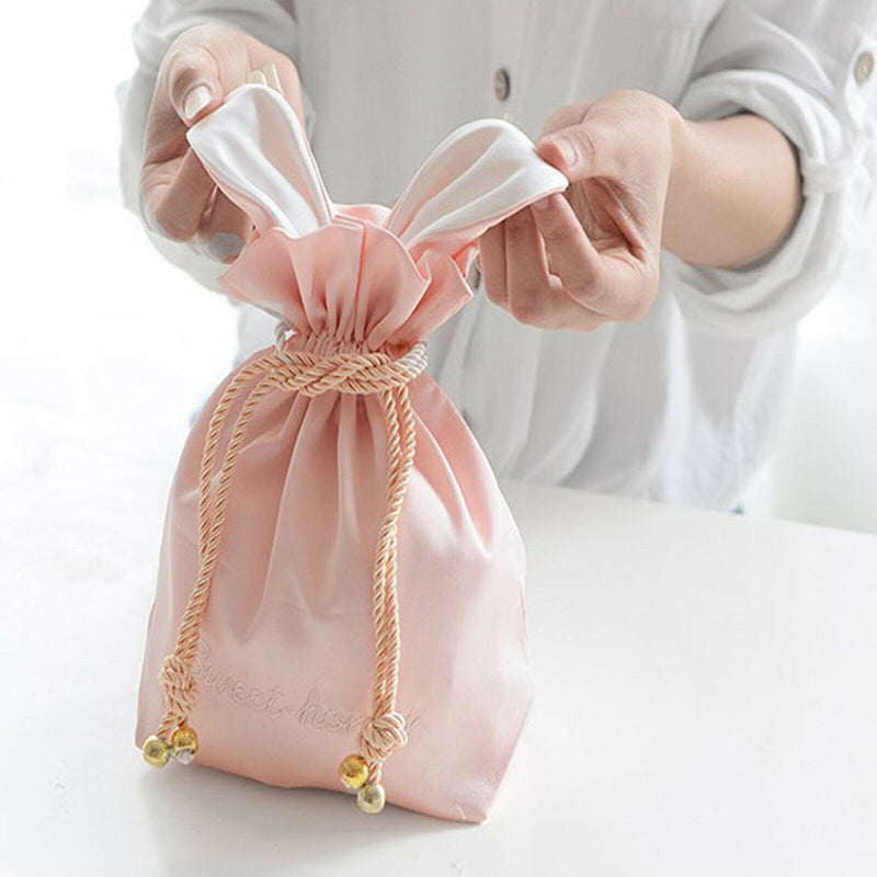 Pink Silk Fabric Bunny Storage Bag with Drawstring, 7.87x2.76x10.63 inch