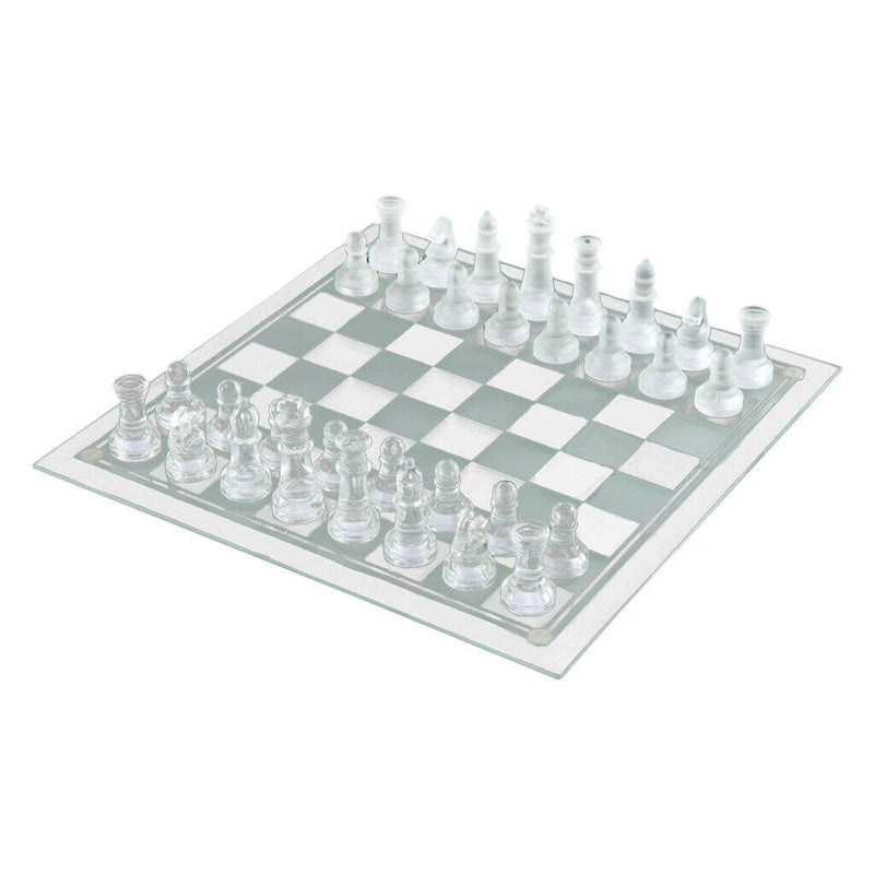 Glass Chessboard Glass Chess Set Board Game Hand Crafted w/ Bag Toys 20x20cm