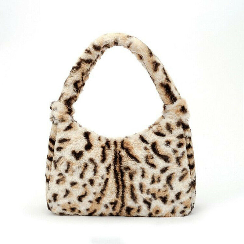 Women Winter Fur Handbag Plush Soft Shoulder Underarm Bag (Yellow Leopard)