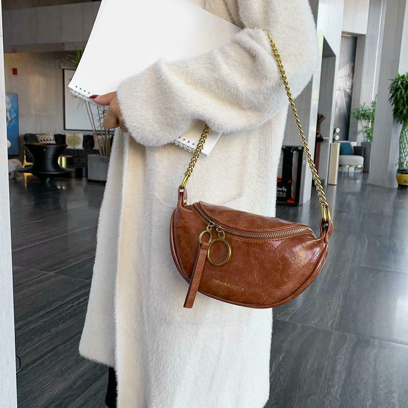 Fashion Leather Crossbody Bags Women Chain Shoulder Travel Handbag (Brown)