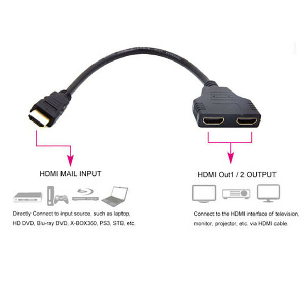 HDMI Male To Dual Twin HDMI Female 1 to 2 Way Splitter Adapter Cable For HD TV f