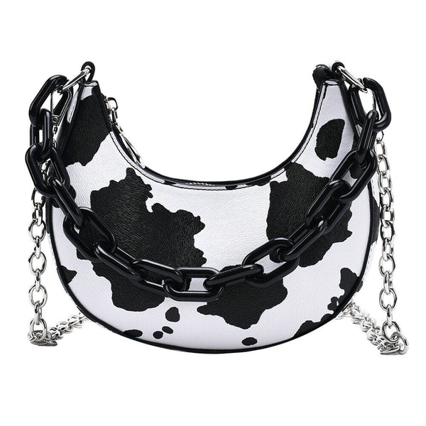 Women Animal Printed Crossbody Bag Crescent Chain Shoulder Handbag (Cow) A#S