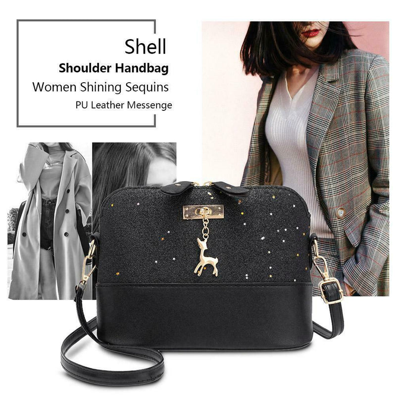 Shell Shoulder Handbag Women Shining Sequins PU Leather Messenger Bag/Black