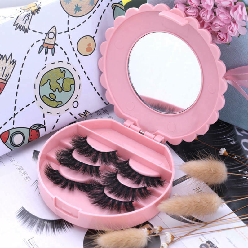 Cute Pink Plastic Bowknot False Eyelashes Storage Box Makeup Case Mirr HKE