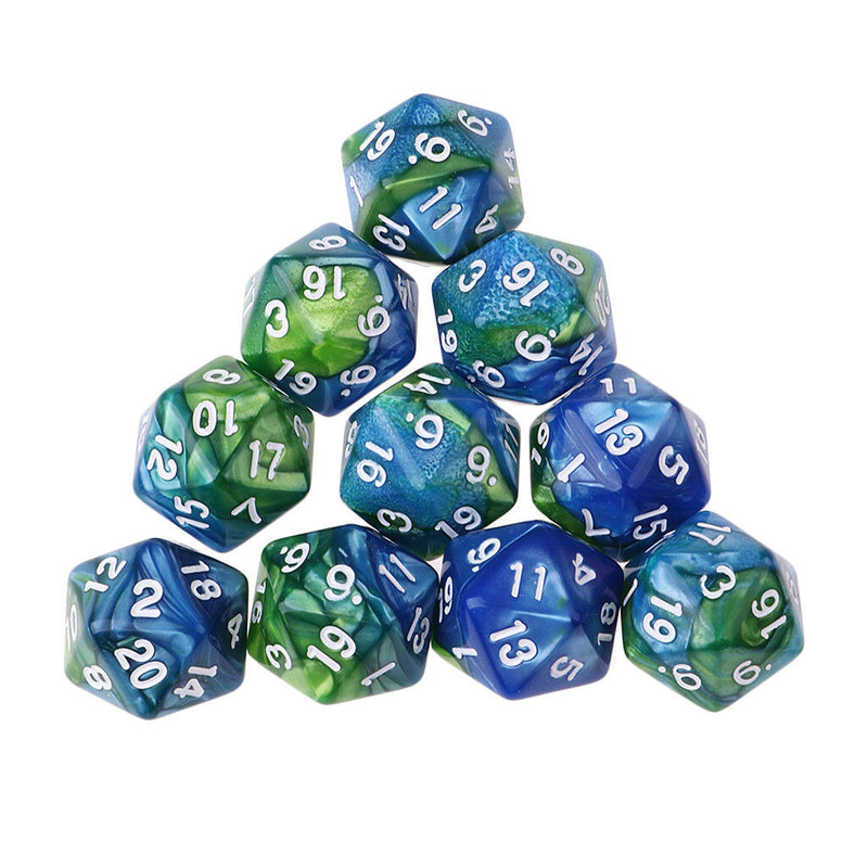 Set of 10 Blue Green D20 Acrylic Dice for RPG D&D Gaming Twenty Sided Die