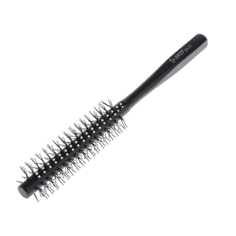 1 Piece Small Mini Round Hair Brush Nylon Bristles, Black Long Wood Handle Hair