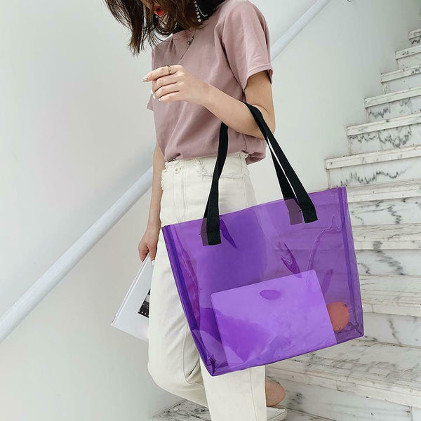 Clear PVC Transparent Shopping Bag Shoulder Handbag Women Totes (Purple)
