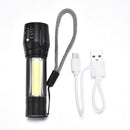 Outdoor T6 COB Flashlight Zoomable LED Torch USB Rechargeable Light Lamp Black