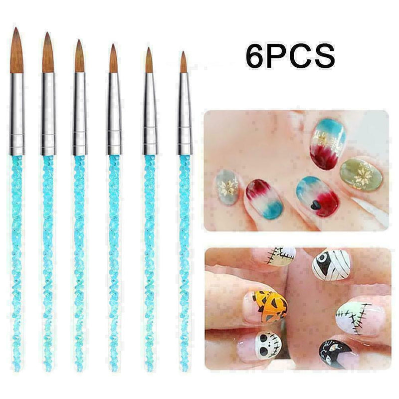 6Pcs/set Nylon Hair Nail Brush Blue Rhinestone Handle Kolinsky Acrylic Brus X3J0