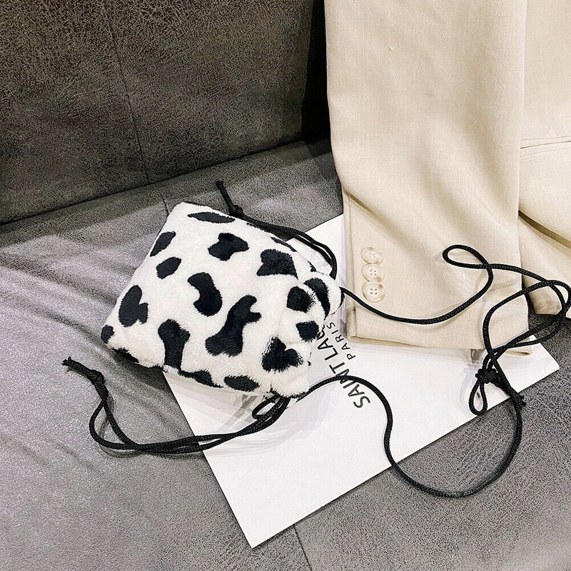 Cow Print Plush Drawstring Pouch Nylon Women Shoulder Pack Composite Set