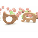 2pcs Natural Wood Teether Safe Wooden Cartoon Animal Baby Teething Rings