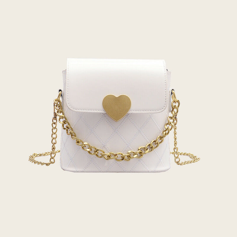 Women Bucket Shoulder Bag Leather Love Buckle Chain Crossbody Bags (White) A