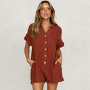 Summer Short Sleeve Jumpsuit Linen Button Playsuit Women Solid V-Neck Casua H9M5