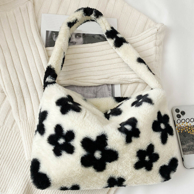 Animal Pattern Shoulder Underarm Bag Women Plush Top-handle Handbag (1)