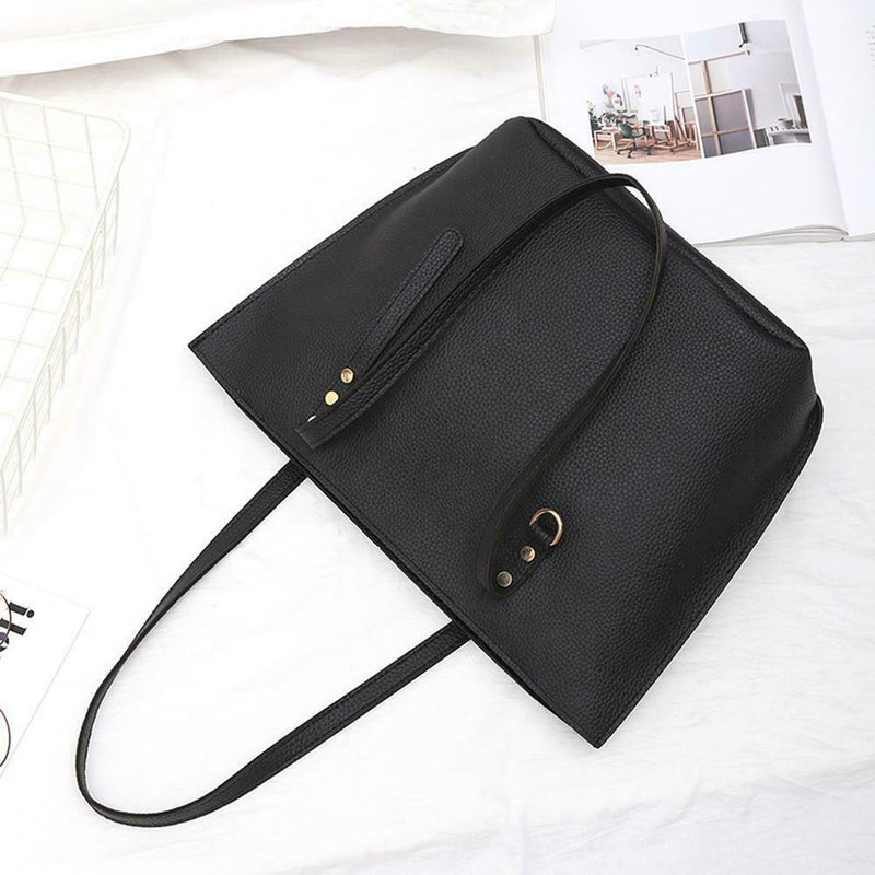 4pcs/set Solid Color Litchi Pattern Women Shoulder Handbags Clutch (Black)