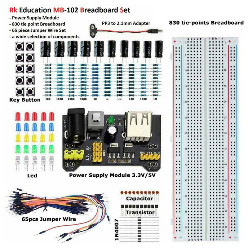 Electronic Component MB102 Breadboard Kit PSU Set FREE 2.1mm To PP3 Lead New