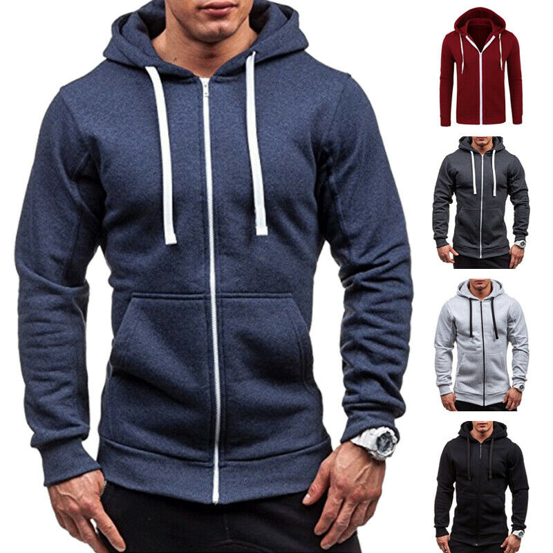 Men Fashion Hip Hop Pocket Zip Up Hooded Sweatshirt Casual Solid Long Sleev R5I6