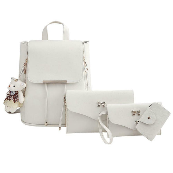 4pcs/Set Women Double Zips Backpack Crossbody Bag Handbag Key Bag(White)