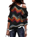 Women Autumn Fashion Off Shoulder Long Sleeve Geometric Wavy Print T Shirt