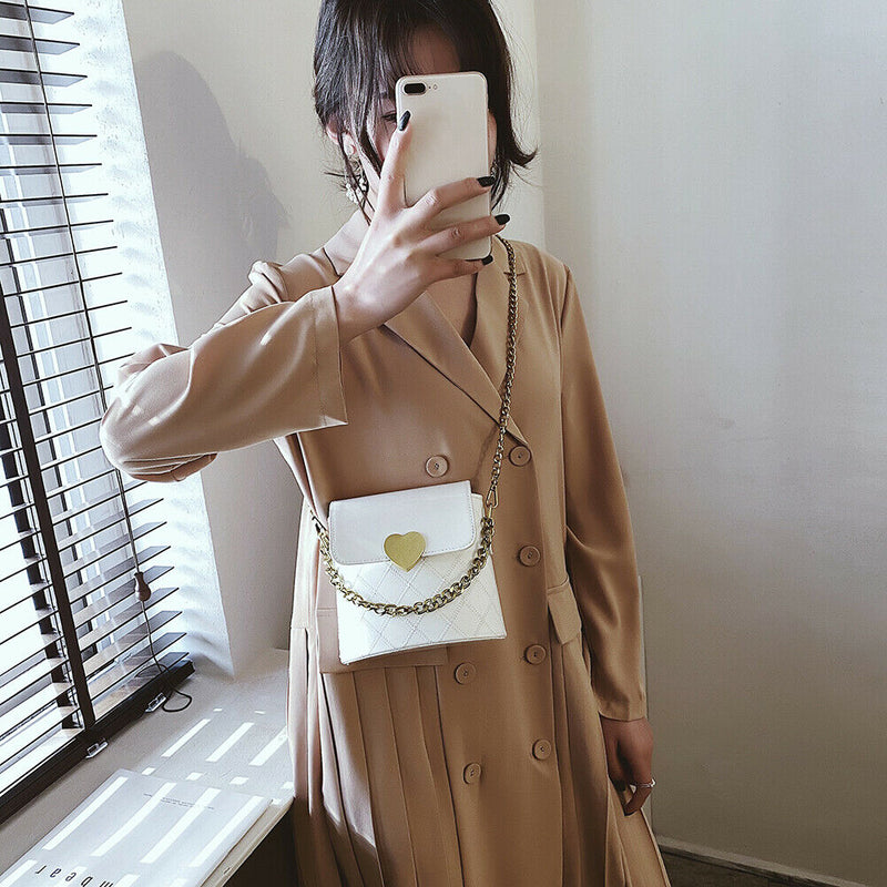 Women Bucket Shoulder Bag Leather Love Buckle Chain Crossbody Bags (White) A