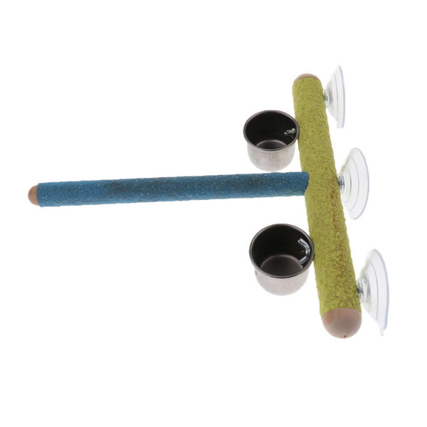 Bird Sucker Stand Perch Playground Hamster Squirrel Holder with 2 Feeder Cup