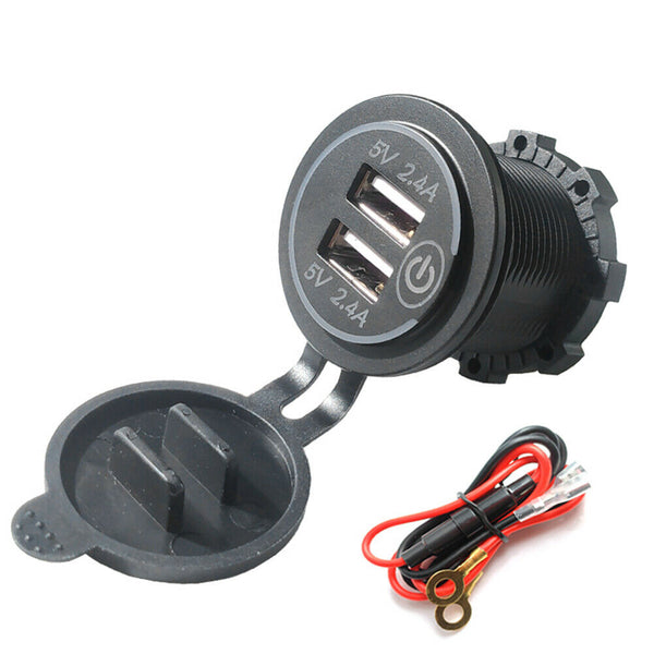 Car Motorcycle 4.8A Dual USB Charger Socket with Touch Switch+Power Cord