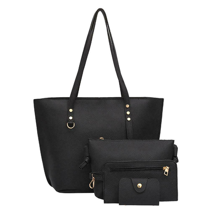 4pcs/set Solid Color Litchi Pattern Women Shoulder Handbags Clutch (Black)