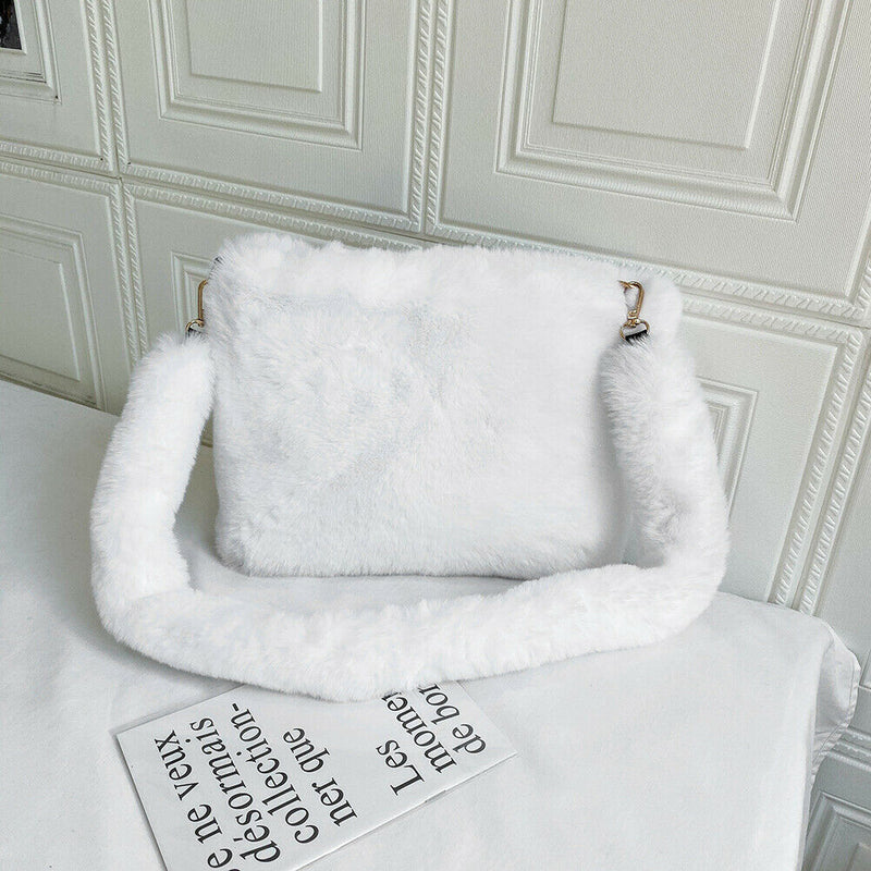 Women Plush Messenger Bag Big Capacity Fluffy Shoulder Handbags (White)