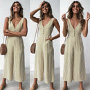 Fashion Women Striped Jumpsuit Backless Sleeveless Deep V Neck Button Jumps M2X6