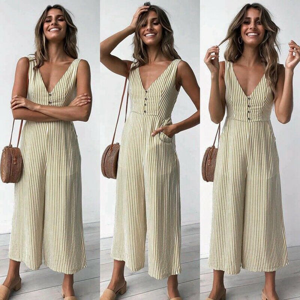 Fashion Women Striped Jumpsuit Backless Sleeveless Deep V Neck Button Jumps M2X6
