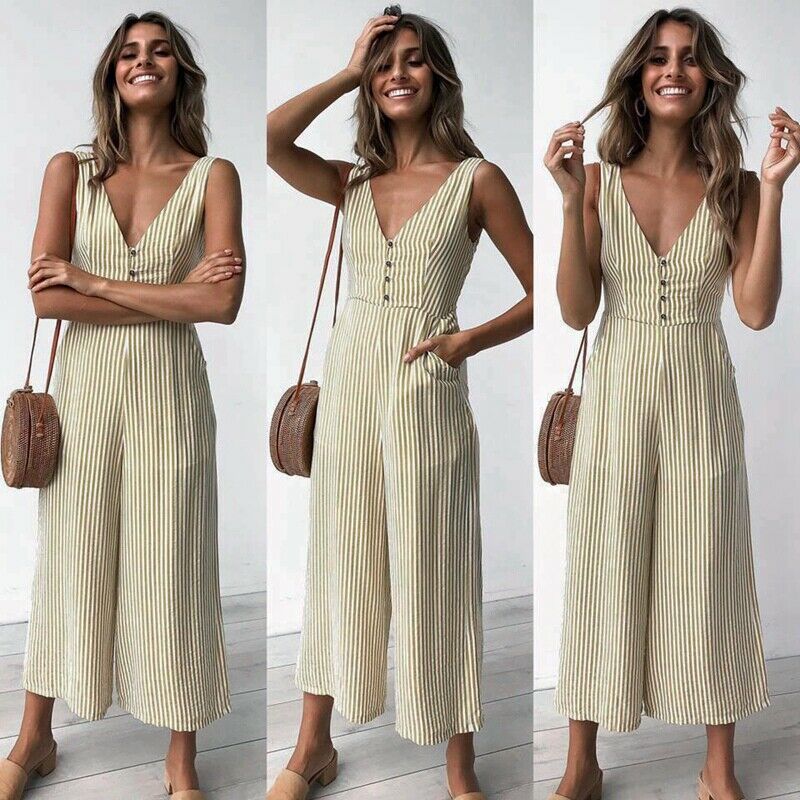 Fashion Women Striped Jumpsuit Backless Sleeveless Deep V Neck Button Jumps M2X6