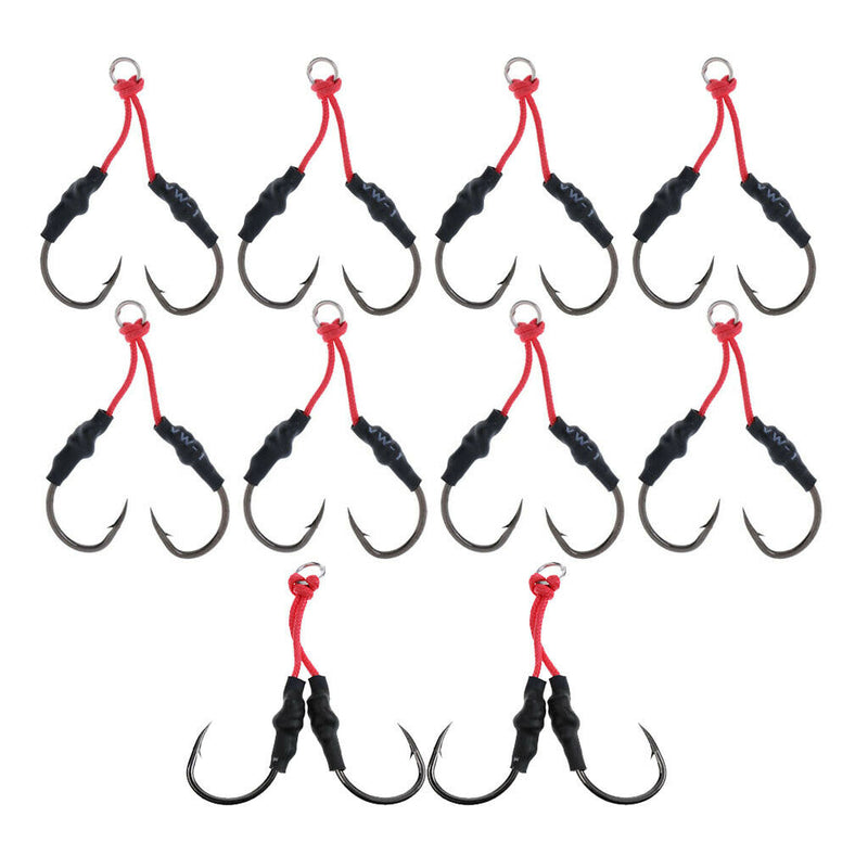 10Pcs Carbon Steel Fishing Dual Assist Hook with PE Line with Shrink Tube