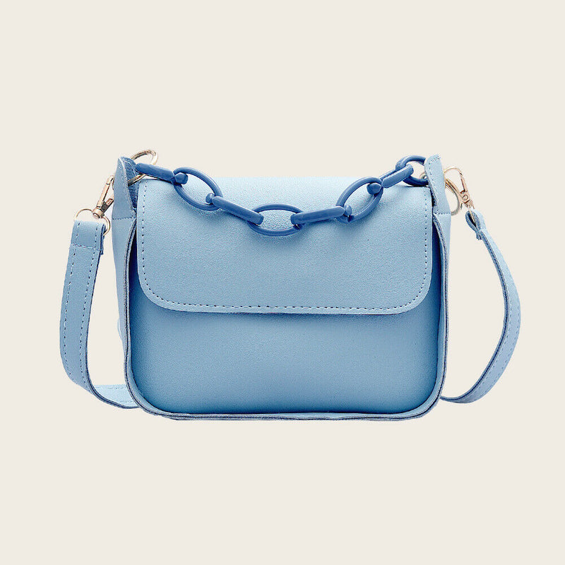Solid PU Shoulder Bag Women Acrylic Chain Crossbody Small Handbag (Blue)