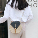 Hex-shape Straw+PU Shoulder Handbags Beach Women Top-handle Bags (Black)
