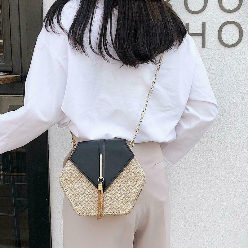Hex-shape Straw+PU Shoulder Handbags Beach Women Top-handle Bags (Black)