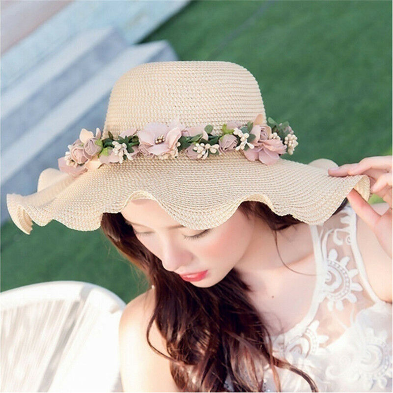 Women Ladies Summer Sun Beach Hat Outdoor Sun Hat with Flowers Elegant 2017 lj