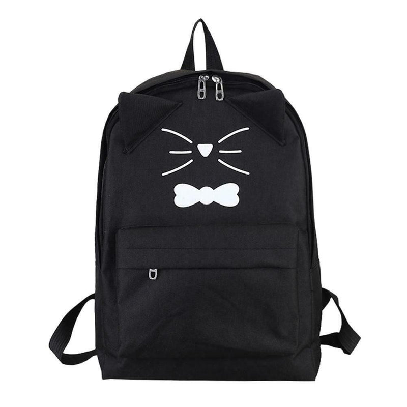 Women PU Leather Lovely Cartoon Cat Printed Backpack Shoulder Bag(Black)