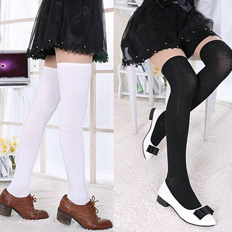 1 Set 3 Pairs Womens Long Socks Solid Color Thigh High Socks Cotton over th