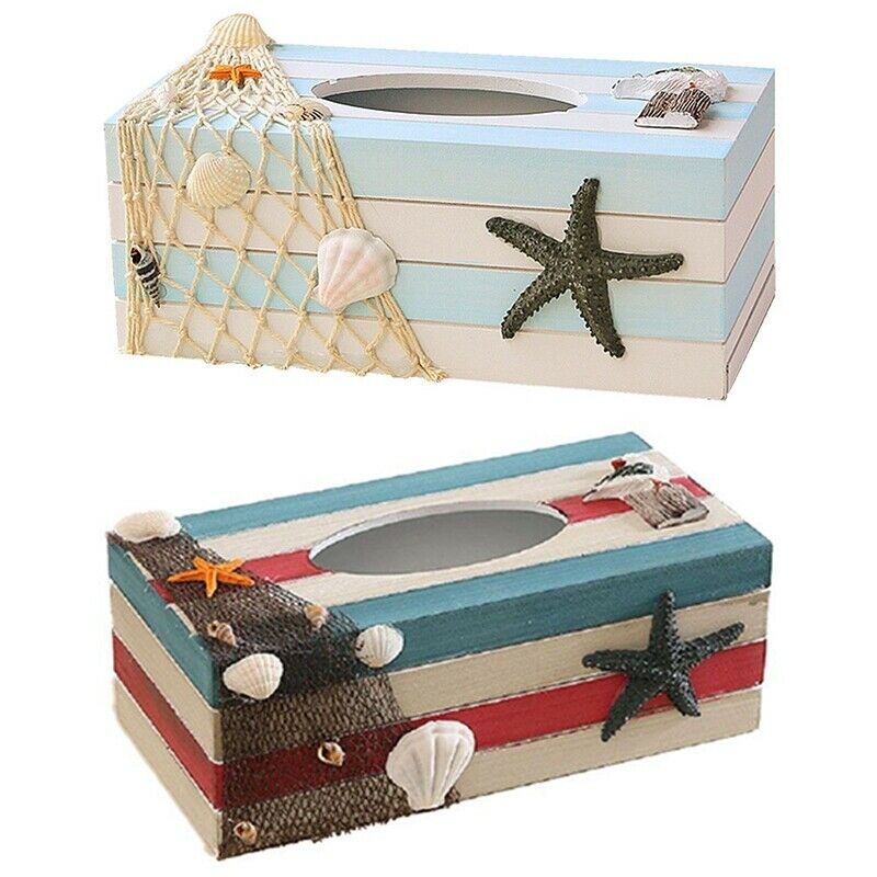 Wood Tissue Box Cover Shell Fishnet Beach Pumping Tray Tissue Holders (Star Z5K6