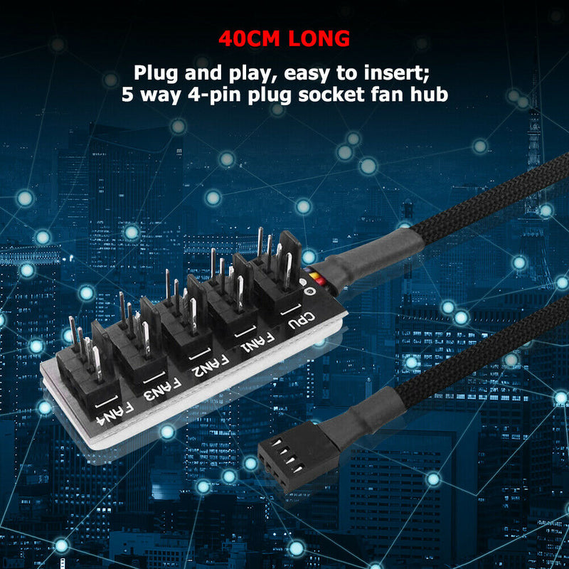 40cm 1 to 5 4-Pin PWM Fan CPU HUB Splitter PC Case Cooler Power Adapter