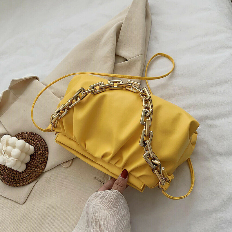 Women Pleated Shoulder Bag Chain Totes PU Cloud Messenger Handbag (Yellow)